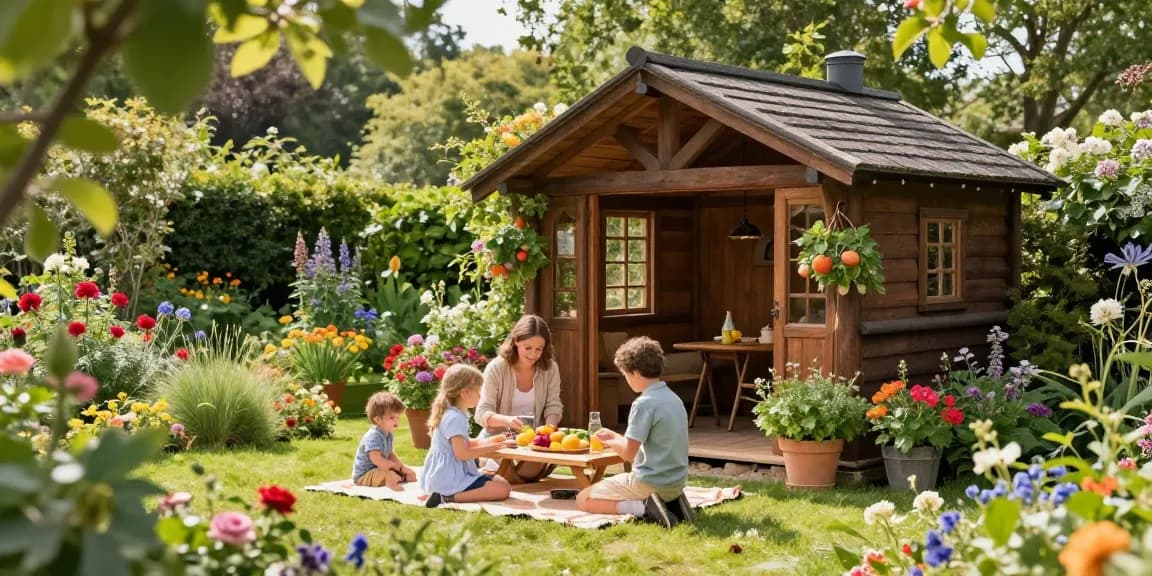 Wunderschönes Gartenhaus umgeben von blühenden Pflanzen und fröhlichen Familienmitgliedern bei einem Picknick im Garten.