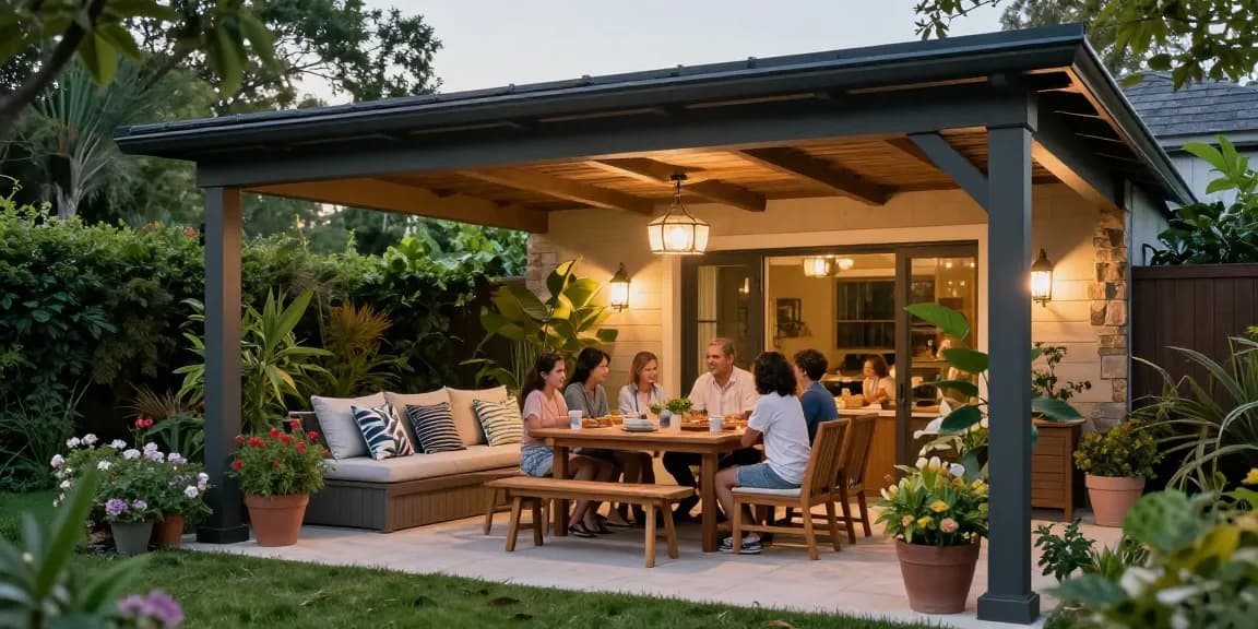 Terrassenüberdachung freistehend mit gemütlichem Sitzbereich im Garten