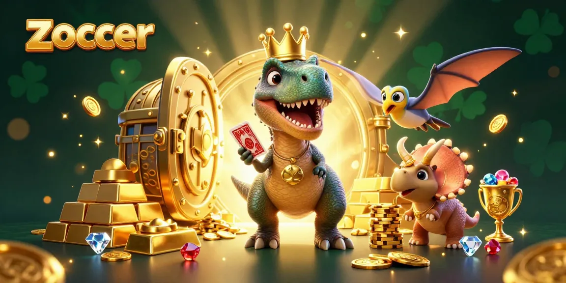 Zoccer-themed 3D cartoon illustration showcasing a friendly T-Rex shuffling cards with a pterodactyl assistant, amidst golden treasures.