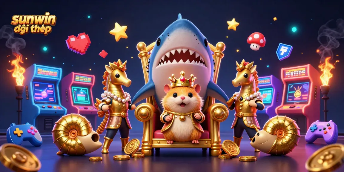 Engage with sunwin đổi thưởng in this vibrant 3D casino scene featuring a hamster king and arcade elements.