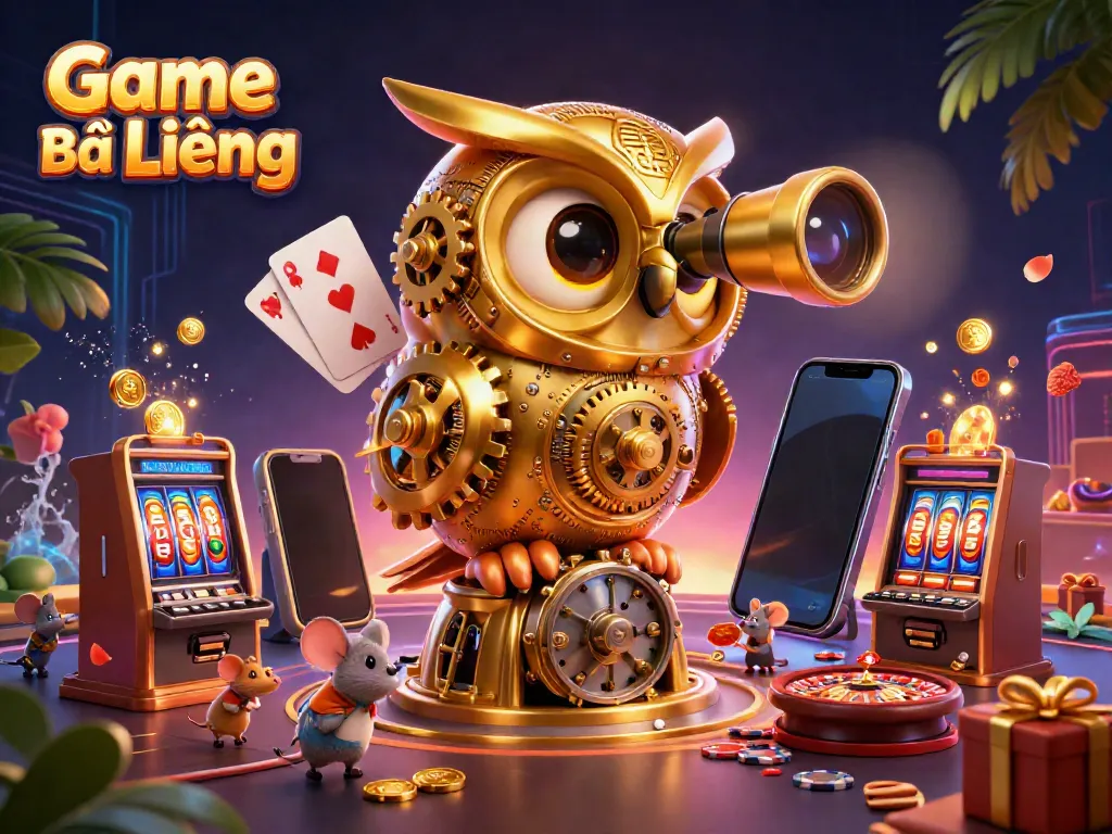 Playing the thrilling Game Bài Liêng, featuring a vibrant casino scene with a majestic owl and lively elements.