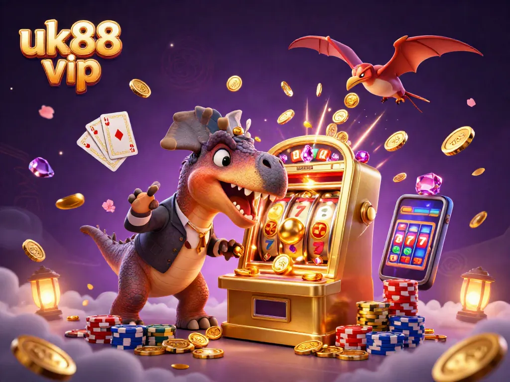 Catch golden winnings with uk88 vip as the dinosaur celebrates a jackpot payout in a vibrant casino scene.