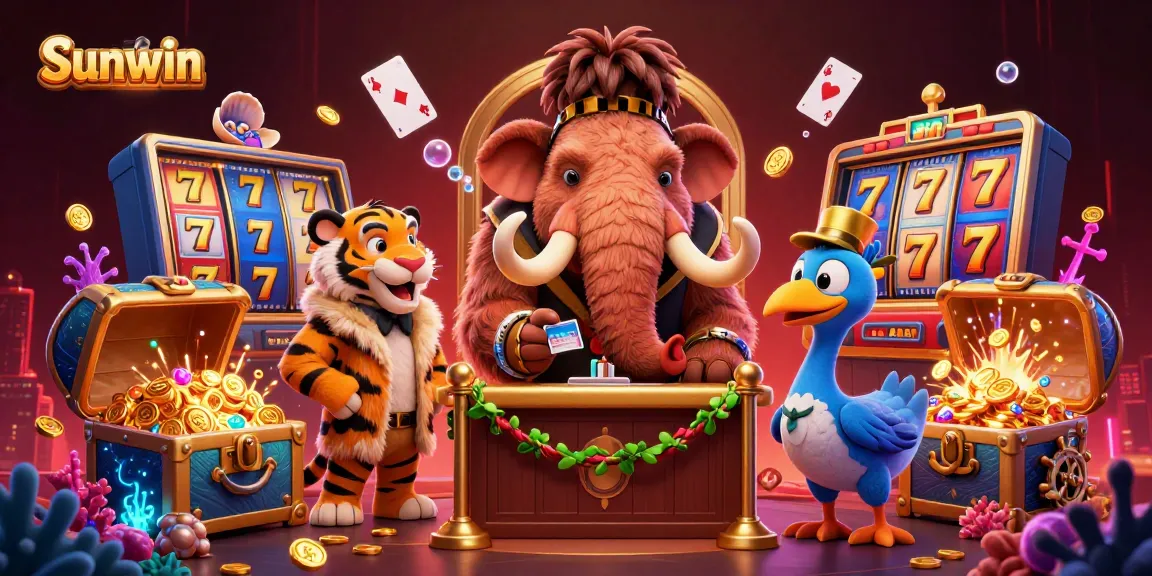 Engage with Sunwin's vibrant casino atmosphere featuring mammoth bouncer, VIP saber-tooth guest, and playful dodo doorman.