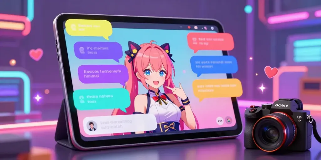 Engaging hentai chat experience with stylish anime character and vibrant chat bubbles.