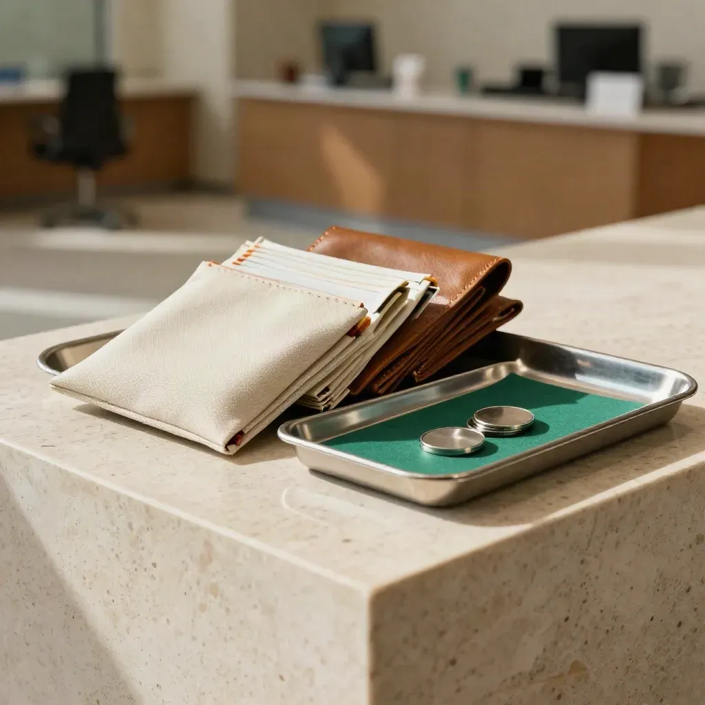 Versiegelte Zahlungsbeutel mit Metallmarken auf travertinem Steinblock, warmes Bank-Operations-Setting.