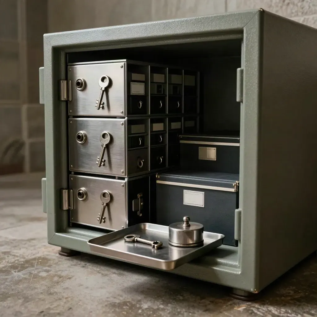 Offener Banksafe mit Metallfächern, Schlüsseln, Balancegewicht und Archivboxen im Licht