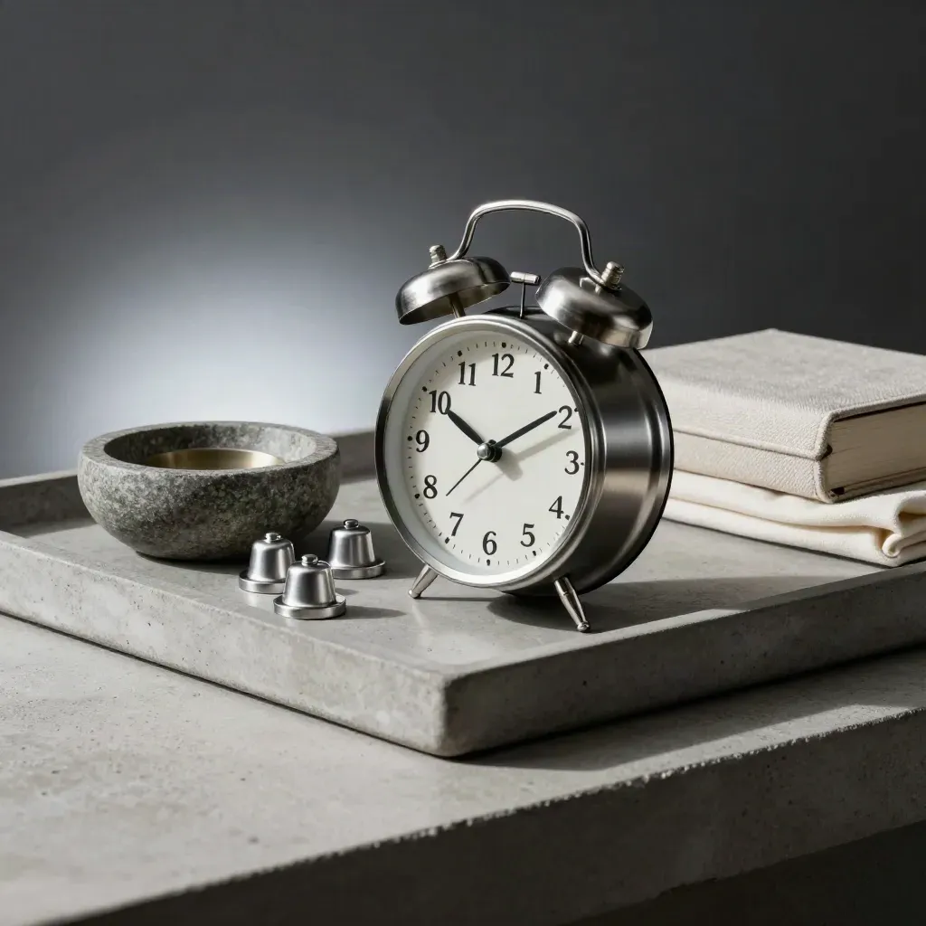 Stillleben mit Uhr, Metallsiegeln, Schale und geschlossenem Leinenband auf Betonsockel.