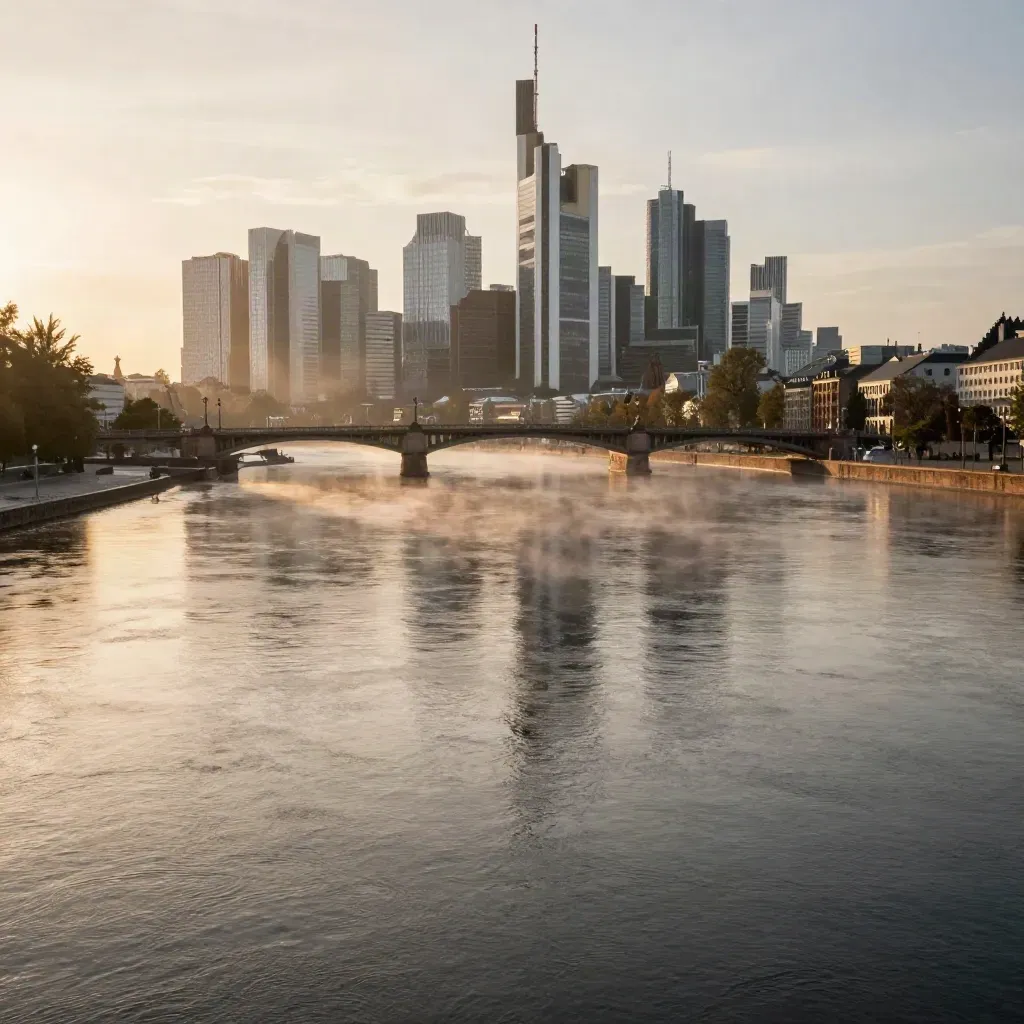 Frankfurter Skyline über dem Main im goldenen Morgennebel nach Regen