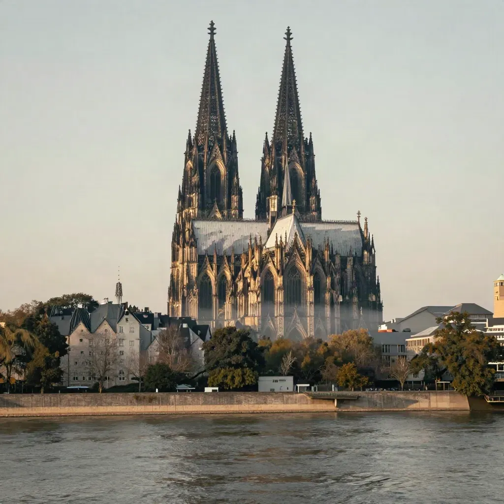 Kölner Dom über dem Rhein im warmen Abenddunst, viel ruhige Wasserfläche für Text