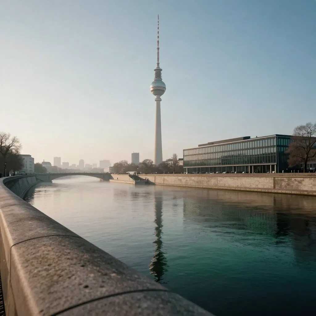 Berliner Fernsehturm über der Spree im blauen Abendlicht mit ruhiger, nebliger Uferzone.