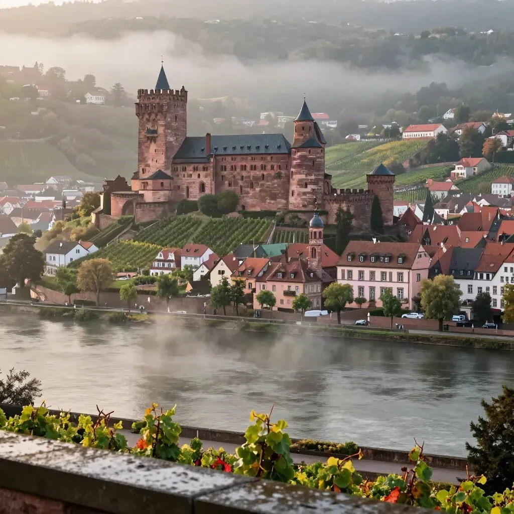 Heidelberger Schloss über dem Neckartal mit Weinbergen und ruhigem Fluss im warmen Haze.