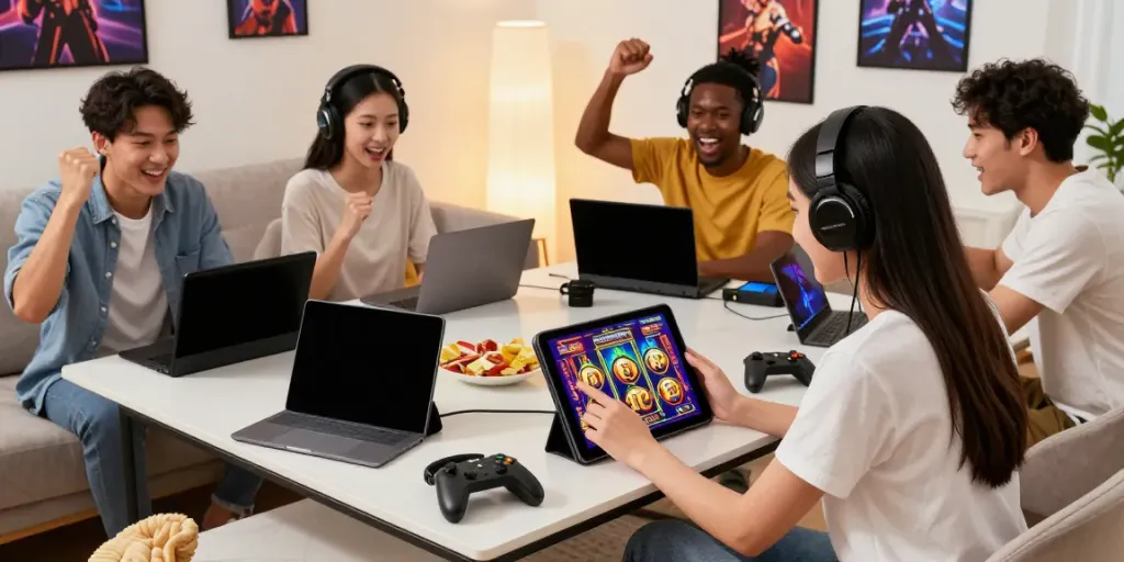 Players enjoying the rokok88 slot login experience together in a vibrant living room atmosphere.