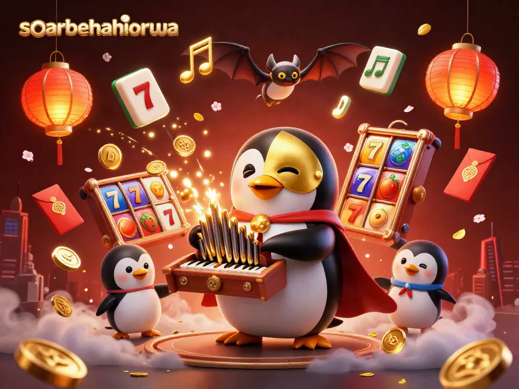 Engaging scene where soarbehaviorwa showcases a penguin in a mask playing a winning tune at a casino.
