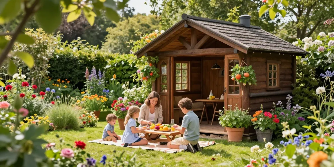 Wunderschönes Gartenhaus umgeben von blühenden Pflanzen und fröhlichen Familienmitgliedern bei einem Picknick im Garten.