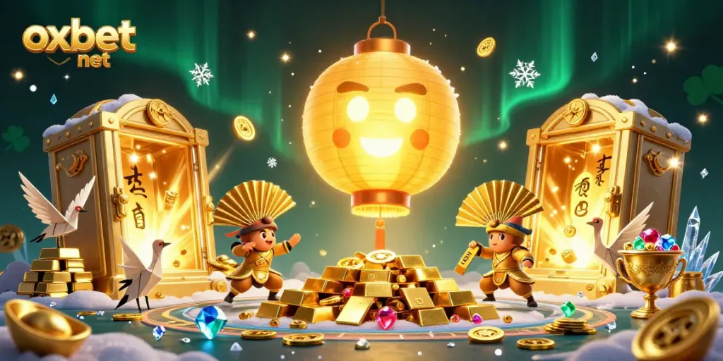 Experience excitement with oxbet net's vibrant casino scene featuring golden treasures and festive spirits.