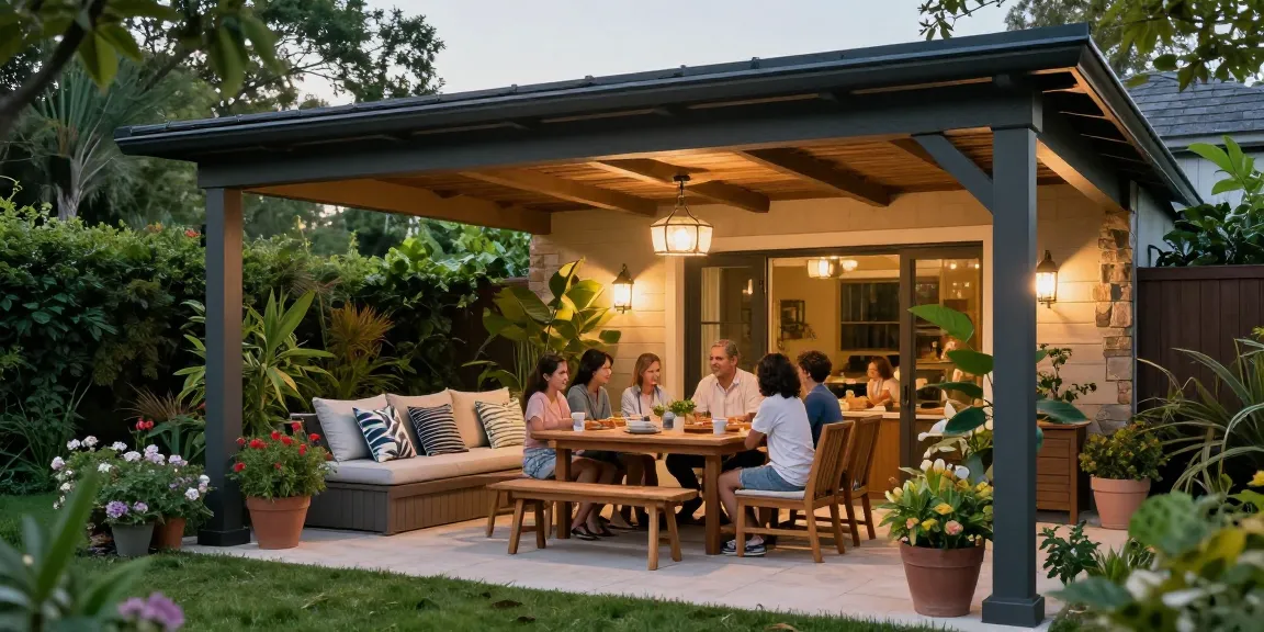 Terrassenüberdachung freistehend mit gemütlichem Sitzbereich im Garten