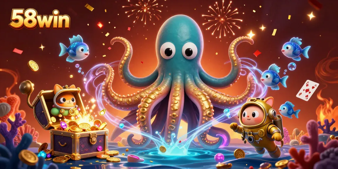 Win big with 58win in this dynamic casino-themed underwater adventure illustration.