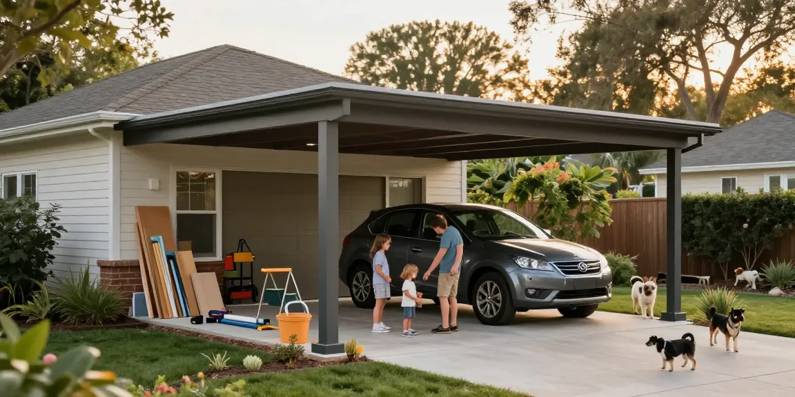 Carport als stilvolle Überdachung für das Auto in einem einladenden Garten mit Baustellenmaterialien.