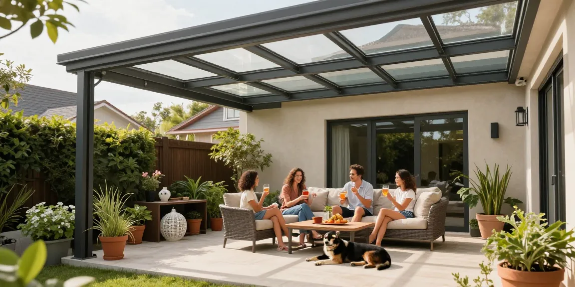 Moderne Terrassenüberdachung mit Familie im Garten, sonnige Atmosphäre