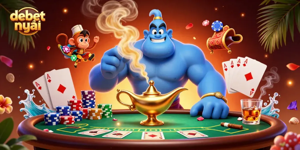 Experience the excitement of debet mới in this 3D illustrated casino scene with engaging game elements.
