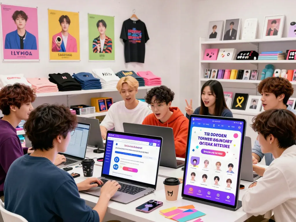 Fans exploring the rokok88 rtp BTS merchandise collection online in a vibrant setting.